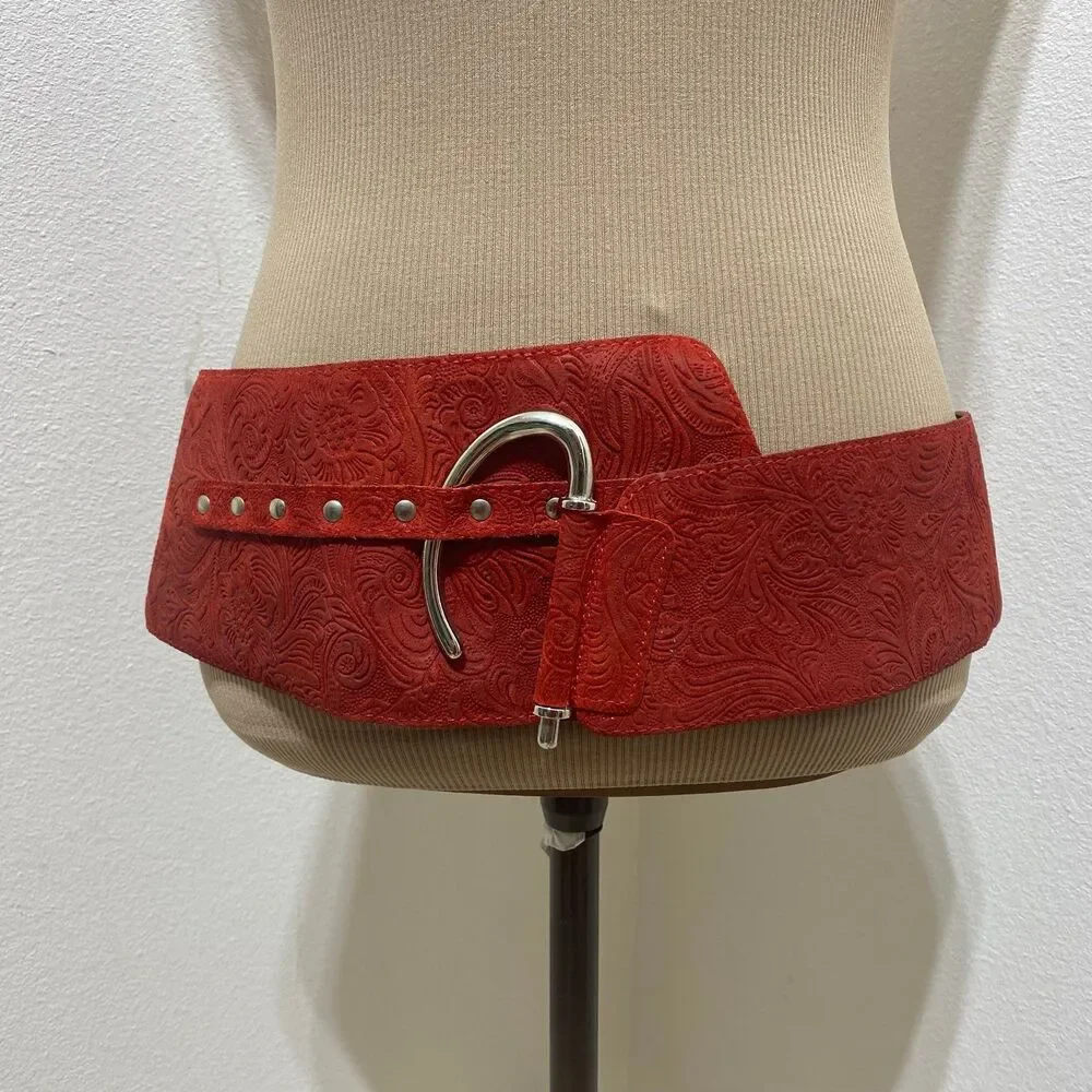 Made In Italy Red Embossed Leather Belt Wide Waist Cinching Corset Belt Sz M/L